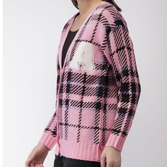 NWT Forever 21 Pink Plaid Academia Letterman Cardigan Sweater - Small - Picture 2 of 8